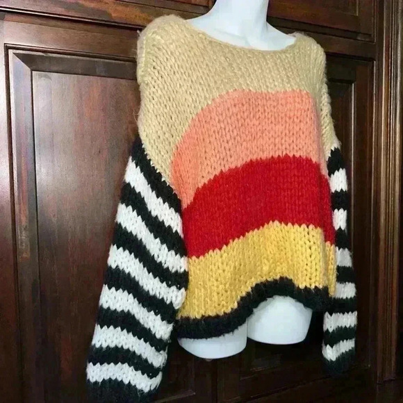 BlankNYC Wool Mix Crochet Multicolor Colorblock & Striped Chunky Sweater /Size S - Picture 4 of 15
